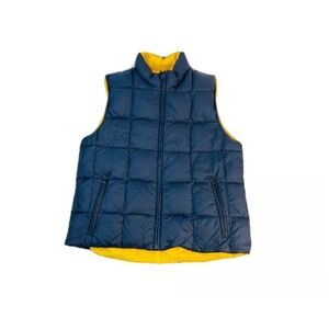 Lands End Reversible Puffer Down‎ Vest Wom. Lrg 14-16 midnight Blue Yellow Quilt
